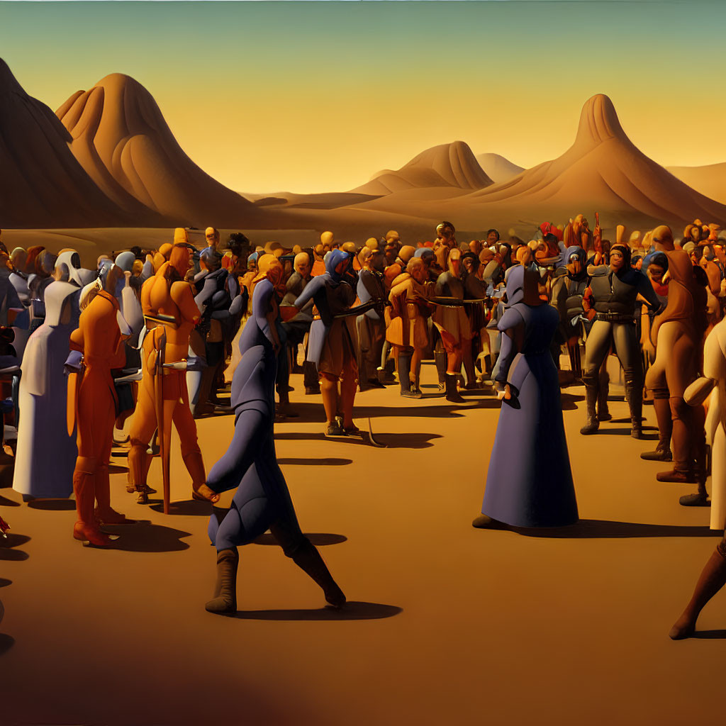 Animated humanoid characters in desert with mountains, two figures in confrontation