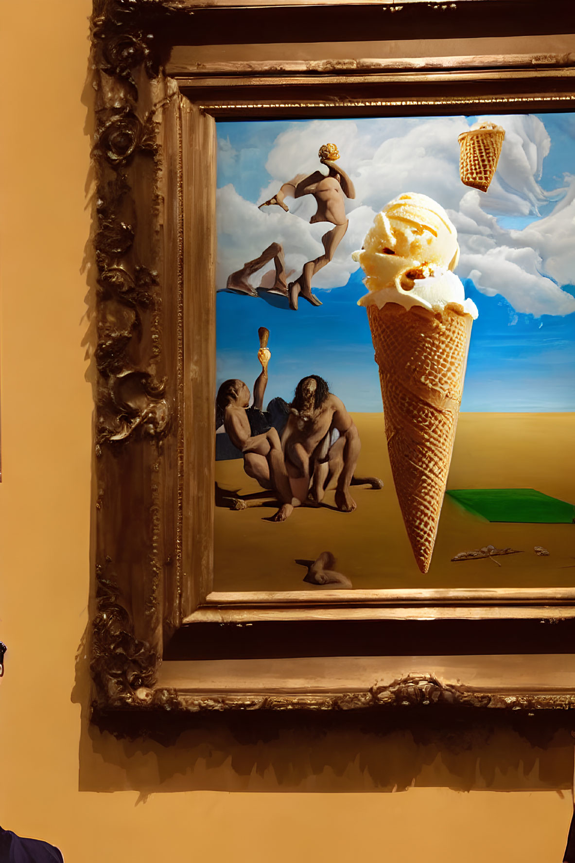 Surreal painting of figures with melting ice cream heads in desert landscape