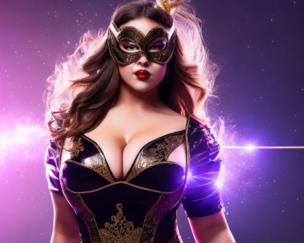 Woman in ornate mask and corset with cosmic backdrop exudes superheroine vibe