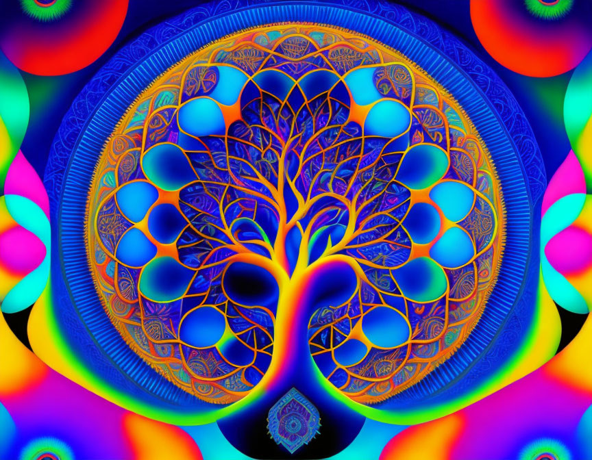 Colorful Psychedelic Tree Artwork with Mandala Motifs