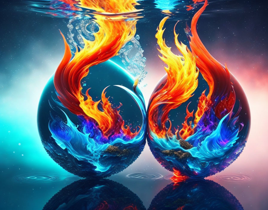 Vivid artwork of spheres with water and fire elements on glossy surface