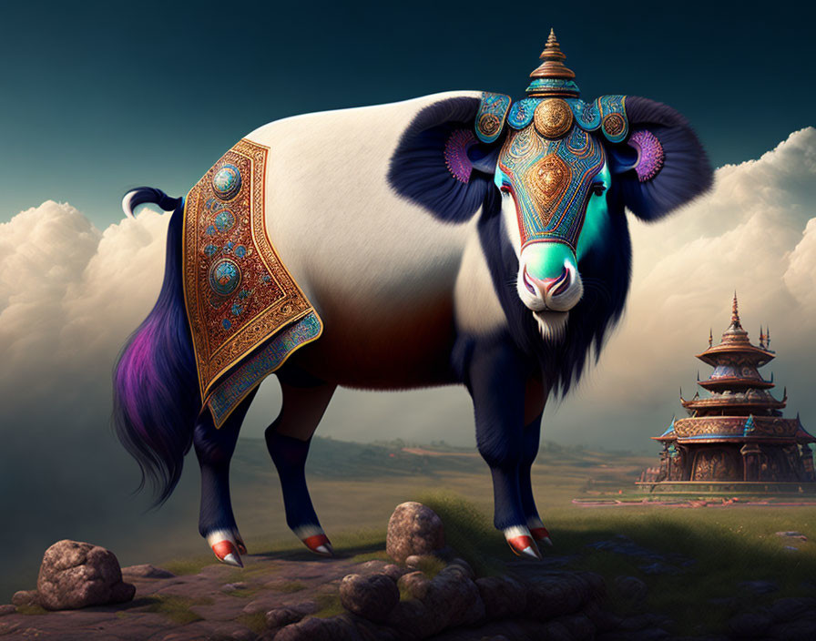 Stylized bull with ornate decorations in fantastical landscape