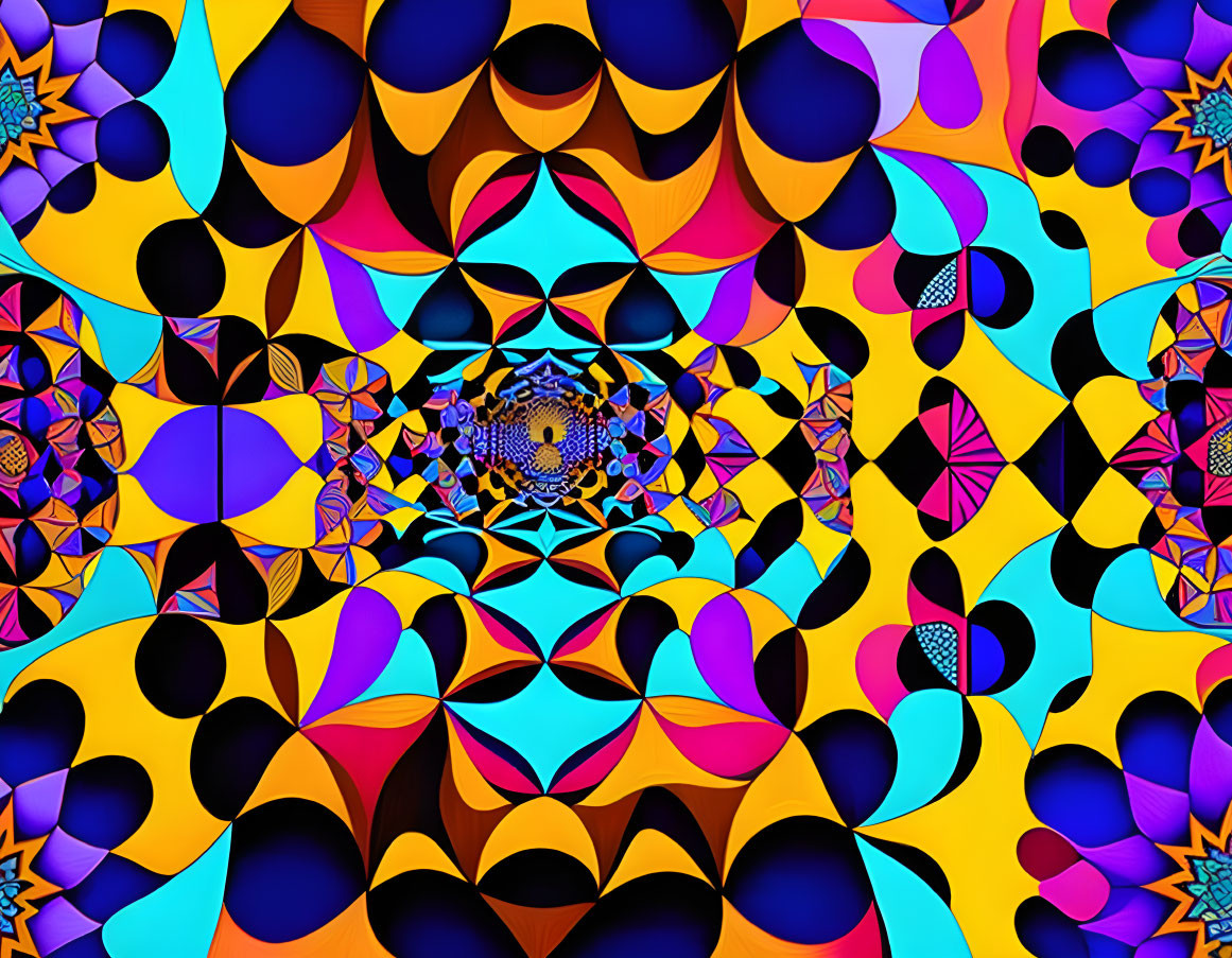 Colorful Geometric Kaleidoscopic Pattern in Blues, Yellows, Pinks, and