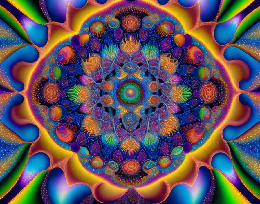 Colorful Psychedelic Fractal Artwork with Blues, Yellows, and Purples