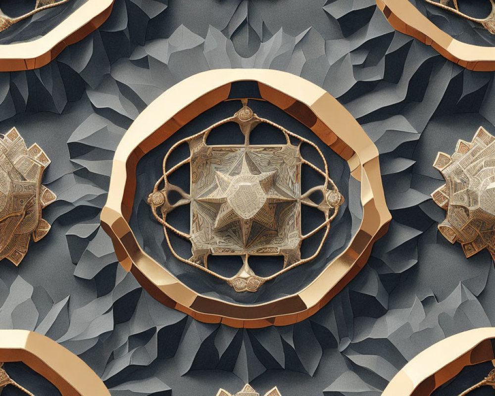 Geometric metallic rings and golden ornaments on textured gray background