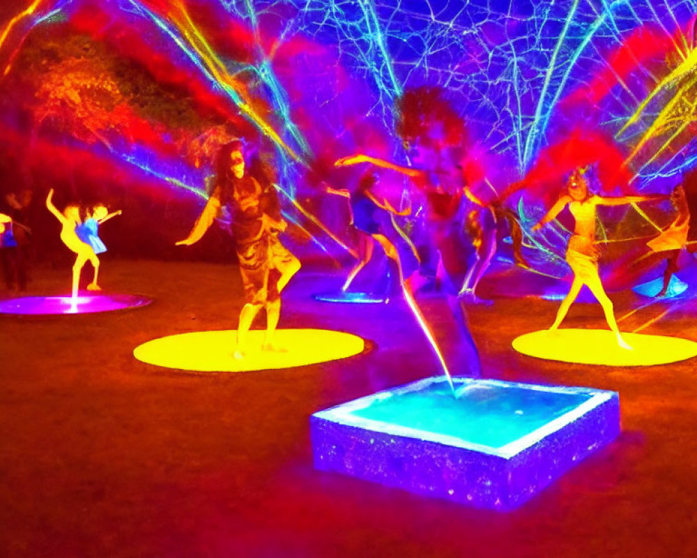 Colorful dancers under neon web lights: a vibrant, psychedelic atmosphere.