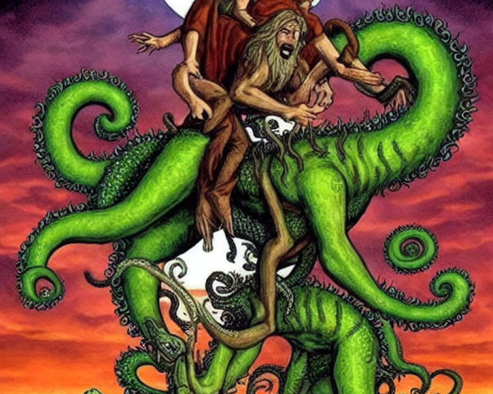 Fantasy artwork of person riding green tentacled creature in vibrant sky