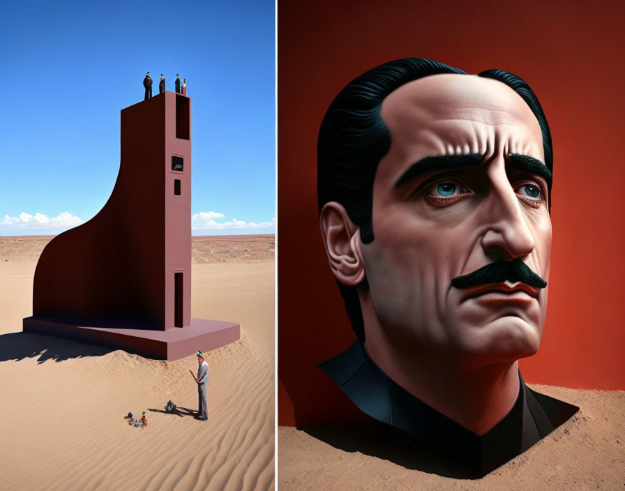 Large red staircase in desert next to stylized man portrait