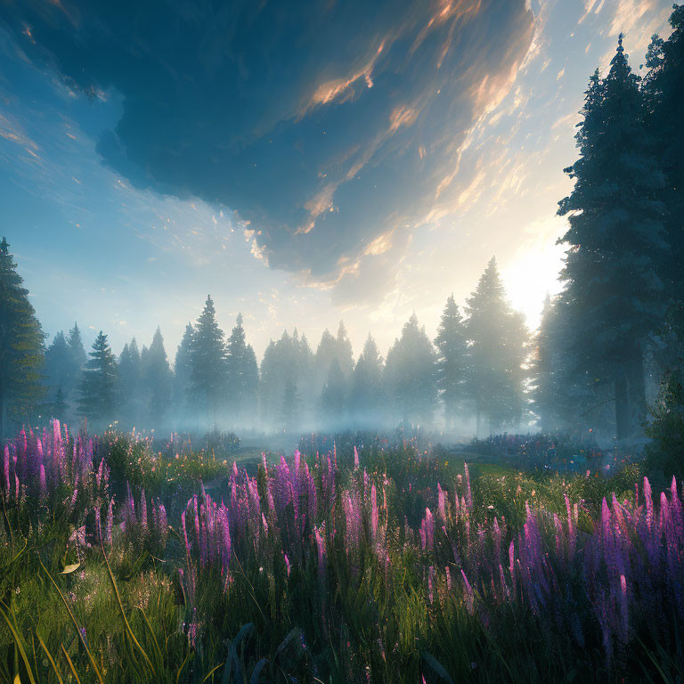 Serene landscape with purple wildflowers, misty forest, and dramatic sunrise sky