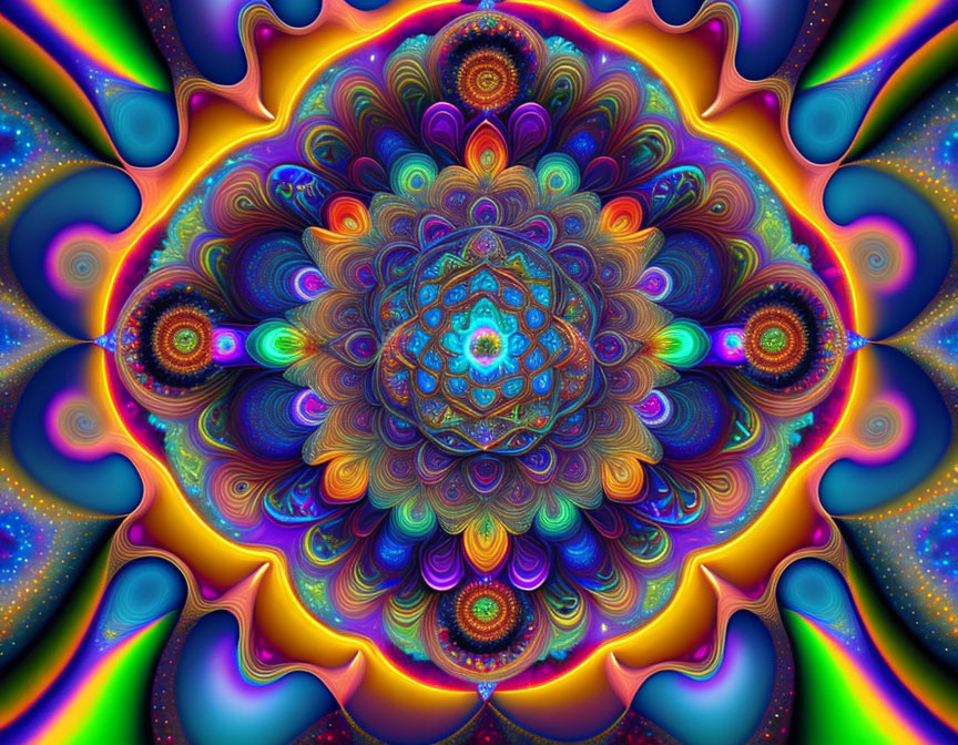 Symmetrical mandala digital artwork with neon colors and intricate patterns