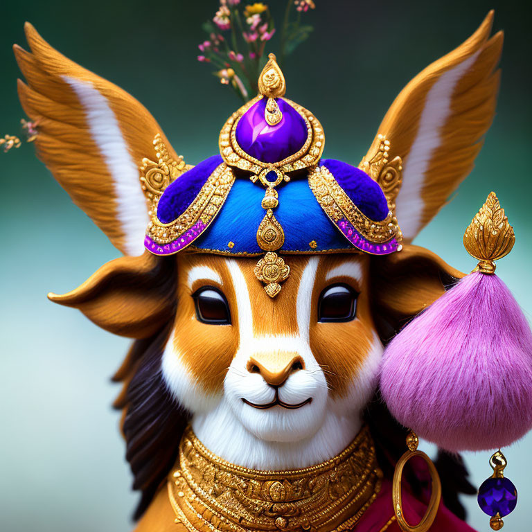 Regal anthropomorphic fennec fox with ornate headdress & golden jewelry