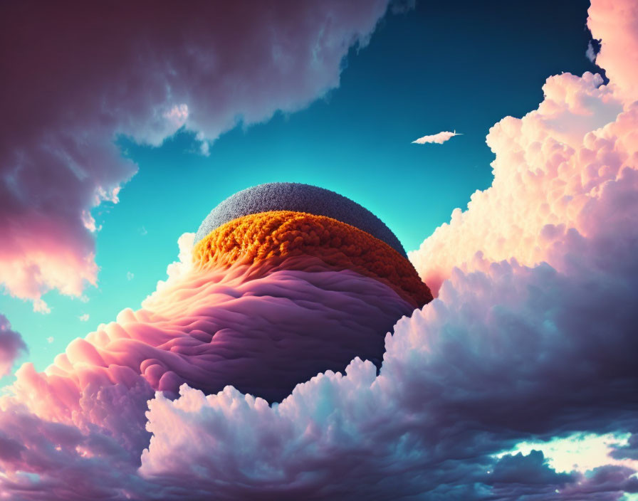 Layered spherical object in surreal sky with clouds.