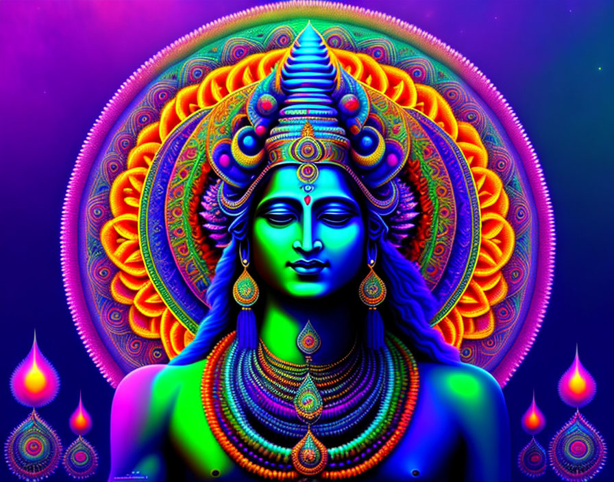 Colorful Psychedelic Deity Illustration with Ornate Crowns