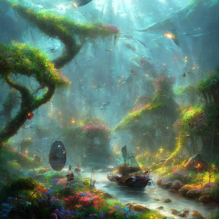 Enchanting forest scene with river, sunlight, flowers, and mystical creatures