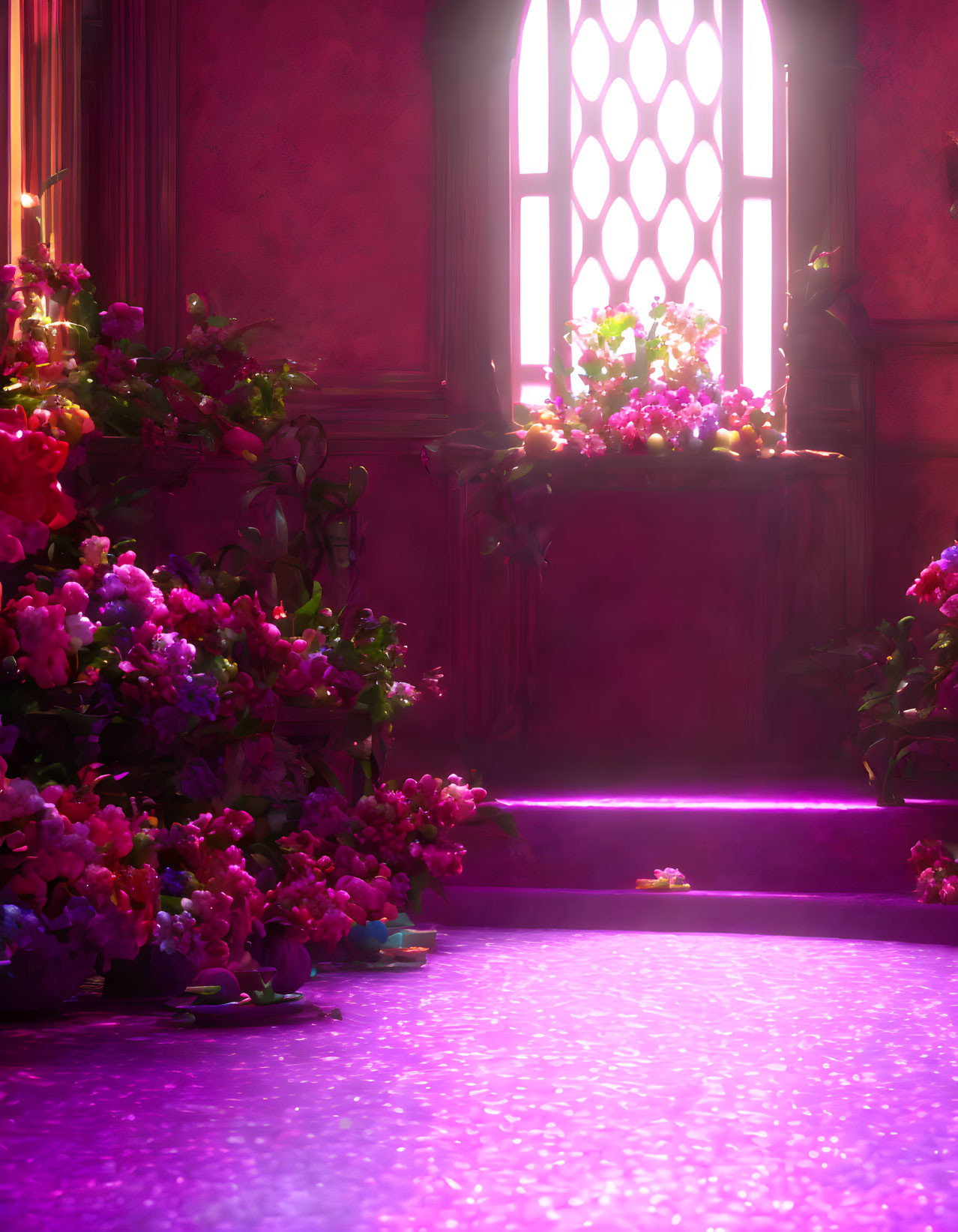 Vibrant pink and purple room with Gothic window and glittering petals