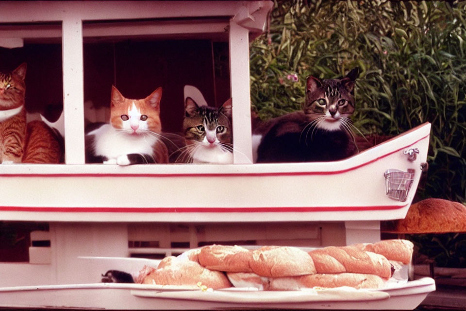 Three cats in boat-shaped dollhouse with loaves of bread on table