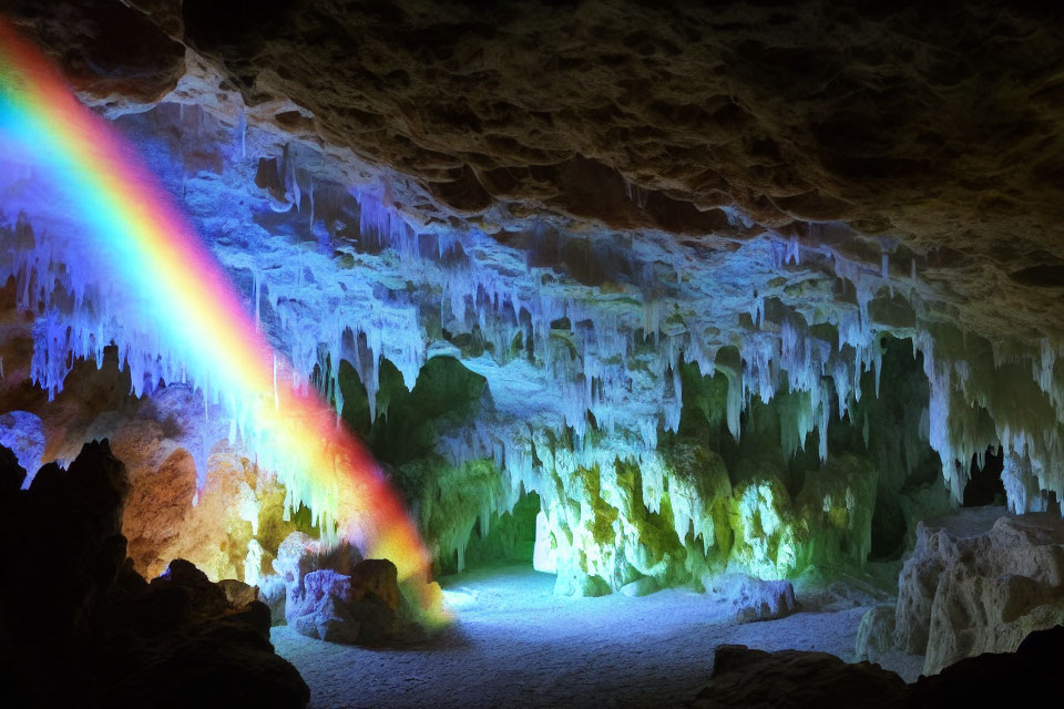 Vibrant rainbow lights up cave with stalactites and rough textures