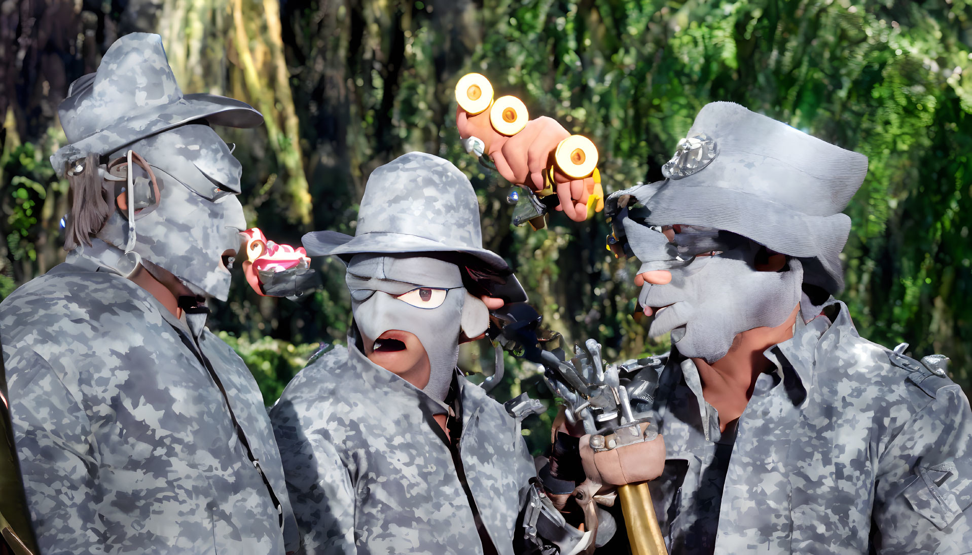 Three animated soldiers in camouflage with exaggerated features engaged in an intense or comedic discussion