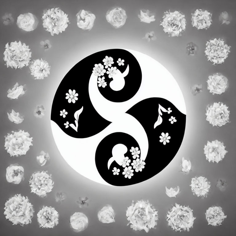 Monochrome Yin Yang Symbol with Floral Patterns and White Roses on Gray Background