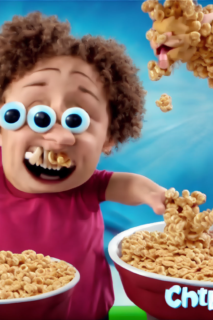 Exaggerated cartoon figure surprised by flying cereal pieces