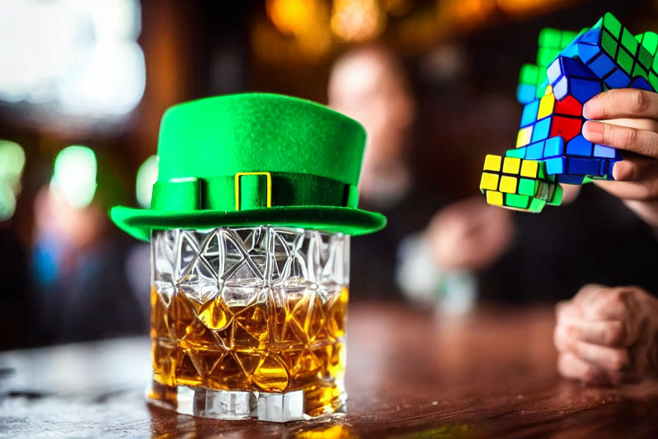 Crystal whiskey glass with green top hat and Rubik's cubes on wooden bar.