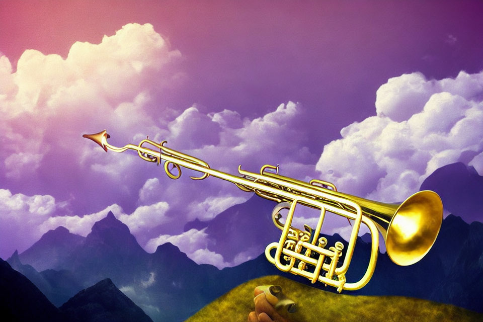 Surreal golden trumpet merges with purple and yellow clouds over mountains