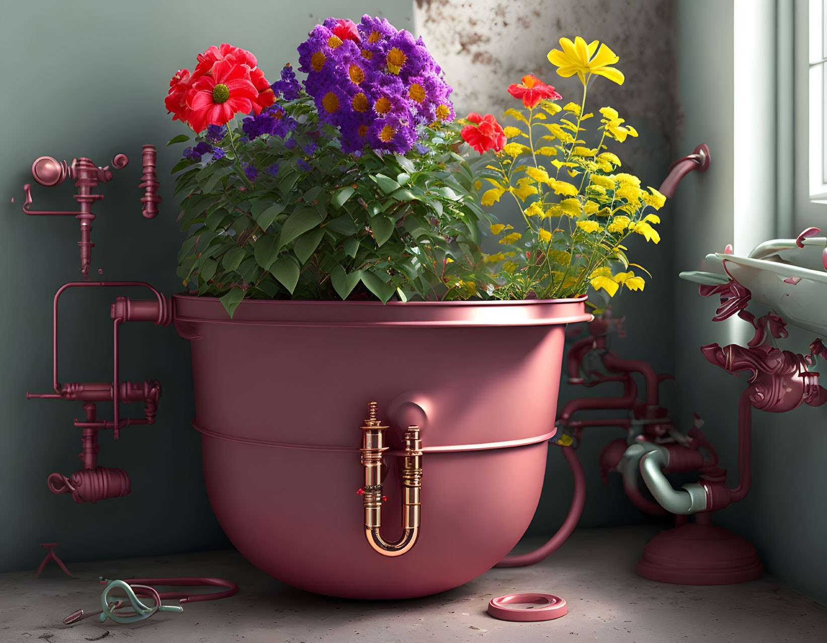 Colorful flowers in pink tub with copper pipes and valves in surreal indoor scene