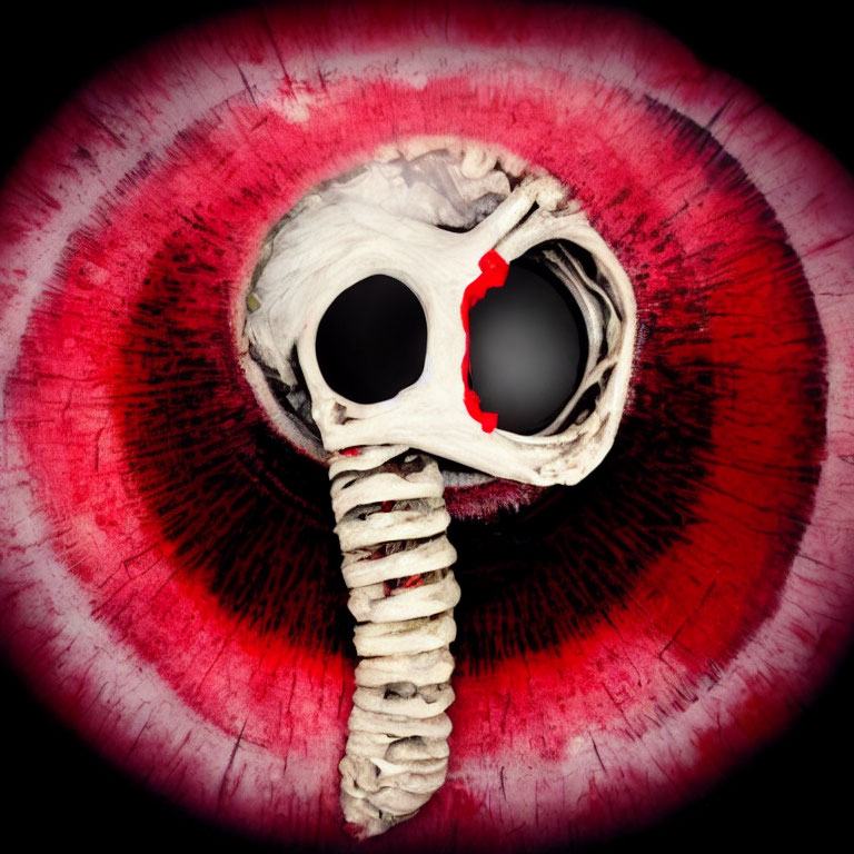 Stylized skull with missing jawbone on red iris background