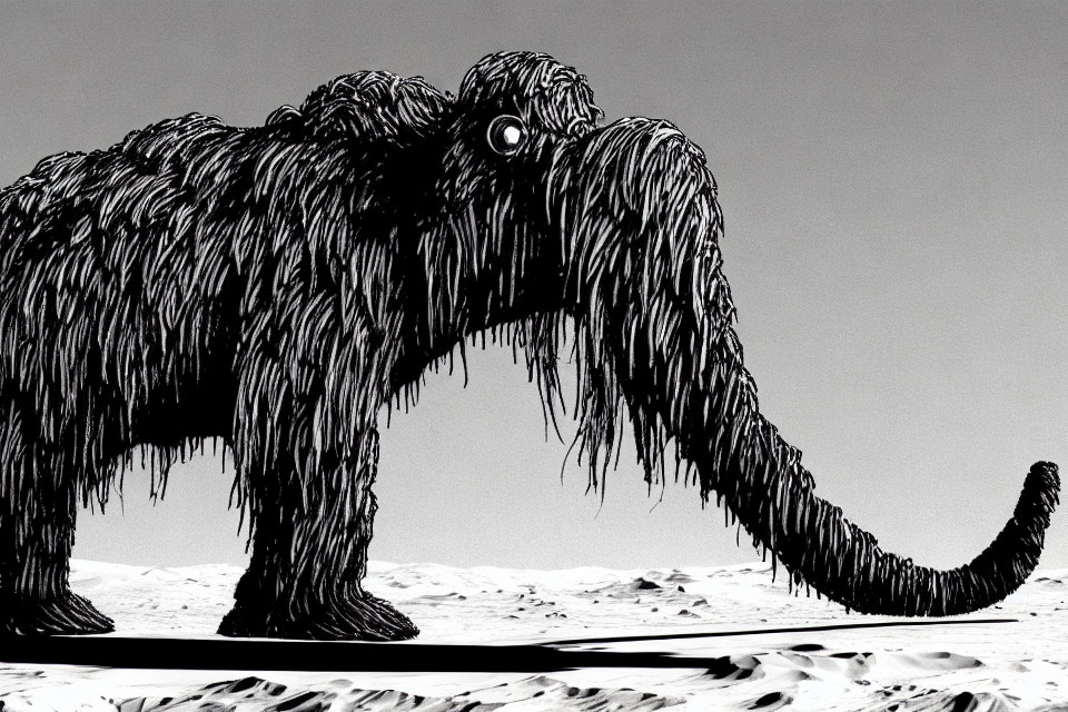 Stylized shaggy elephant-like creature with long trunk and large eye in desolate landscape