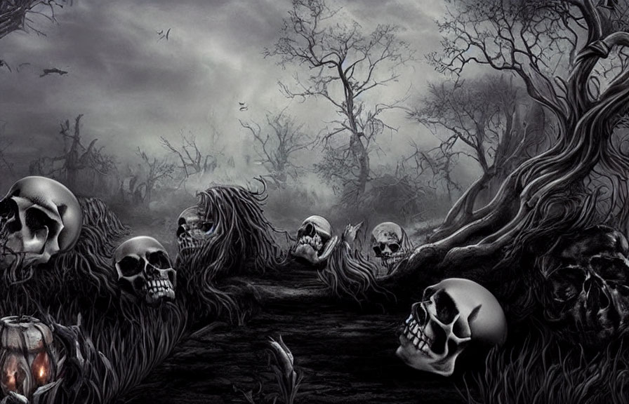 Dark forest scene with skulls, gnarled trees, and gloomy sky