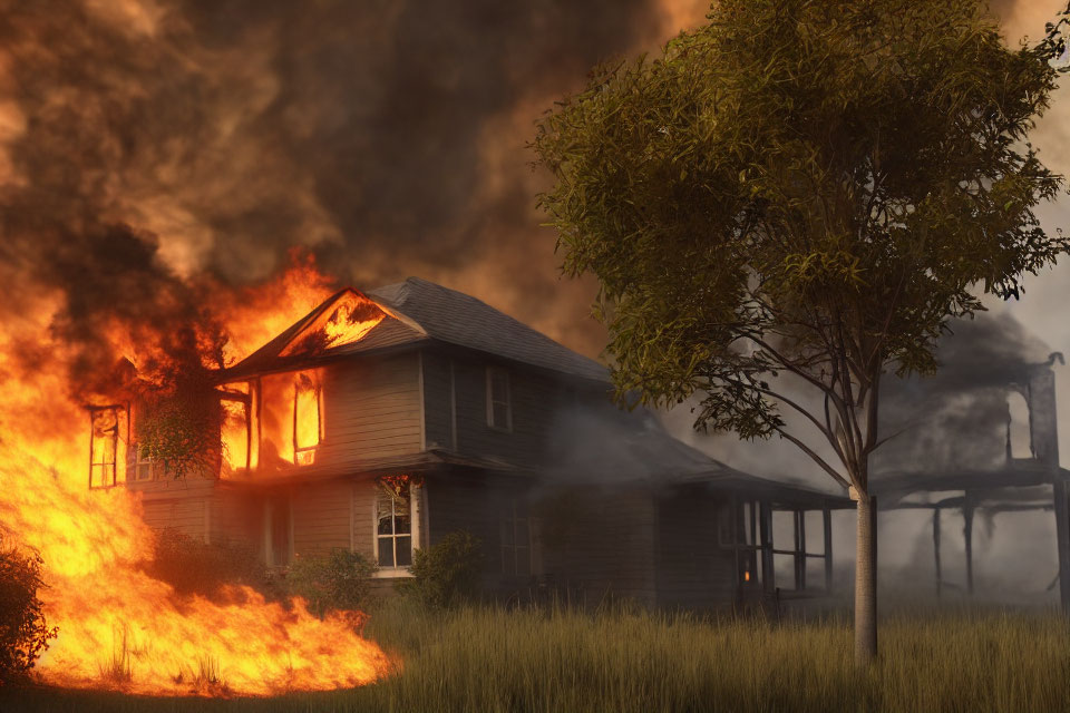 Burning house emits flames and smoke, tree lit by fire glow