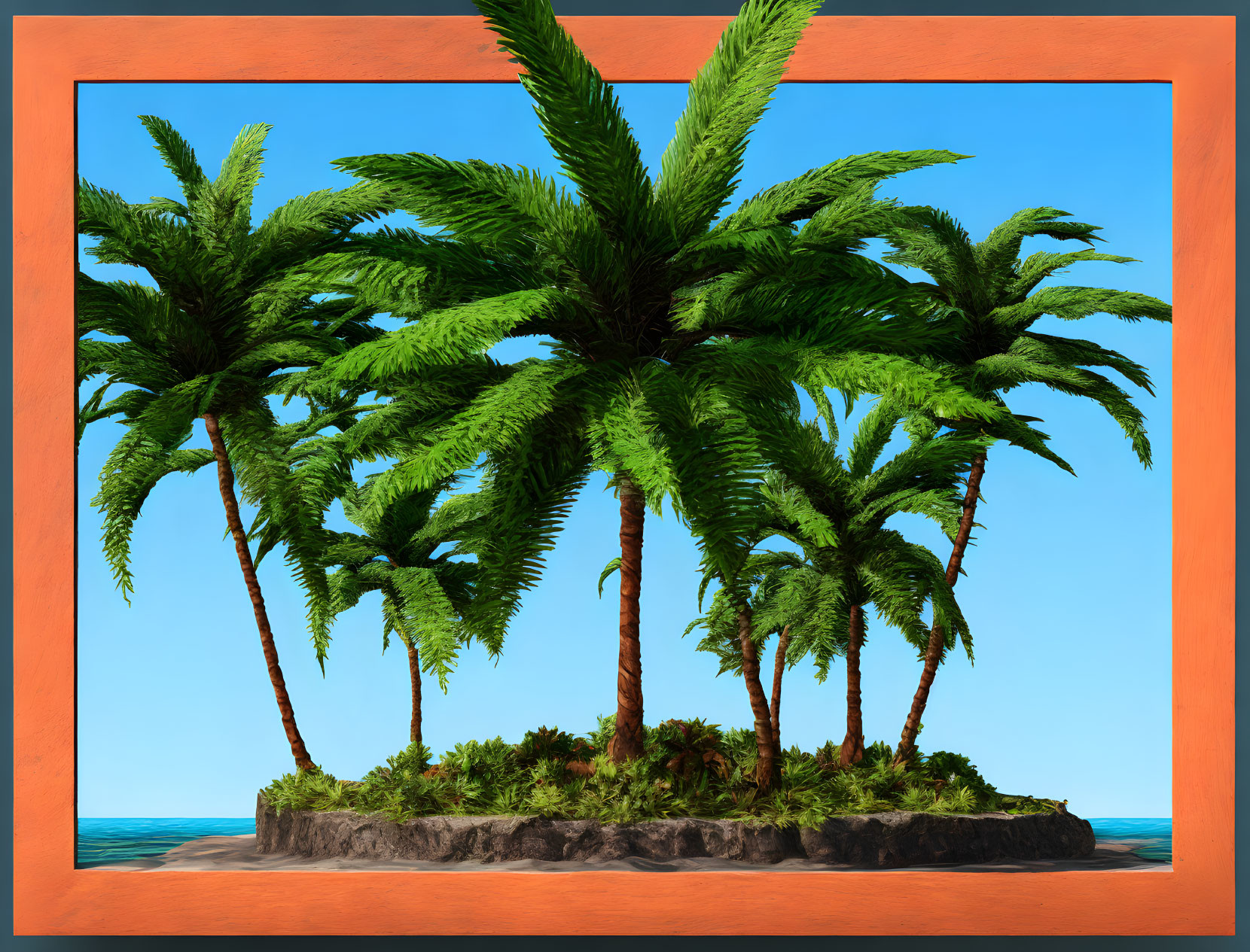 Tropical island digital artwork with palm trees and ocean landscape