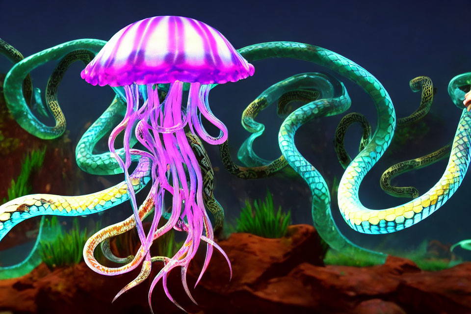 Colorful Underwater Digital Artwork with Pink Jellyfish and Teal Sea Creatures