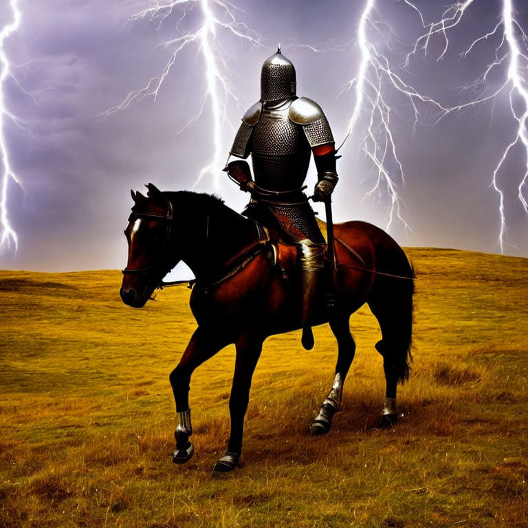 Armored knight on horseback with lightning on grassy hill