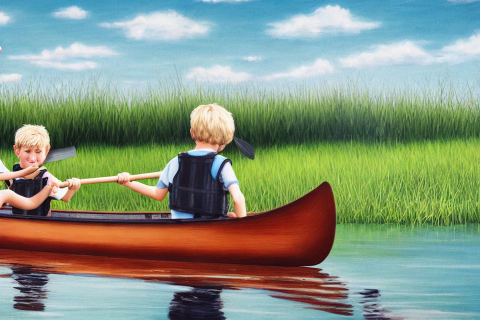 Children paddling a canoe in calm waters near tall green grasses