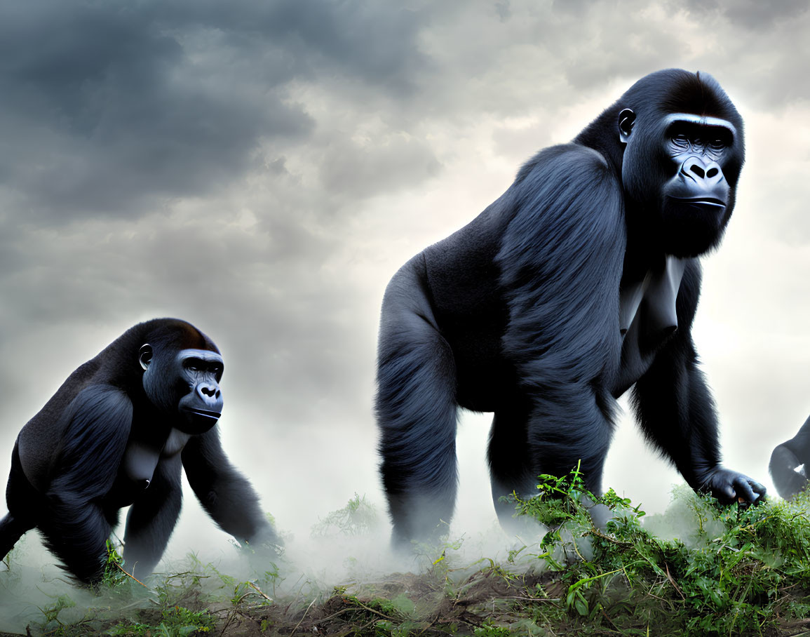 Gorillas in misty habitat under dramatic sky