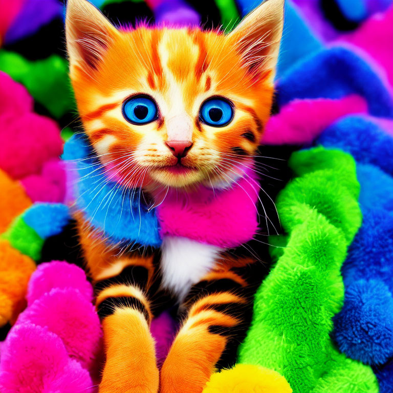 Vibrant digital image of a kitten with blue eyes in colorful plush setting