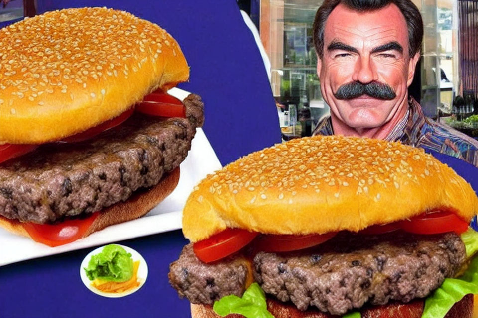 Man with Mustache Smiling Next to Two Beef Burgers with Lettuce and Tomatoes