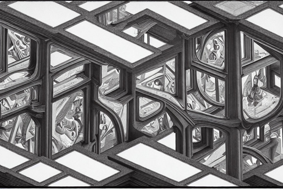 Detailed Monochrome Sketch of Complex, Impossible Structure