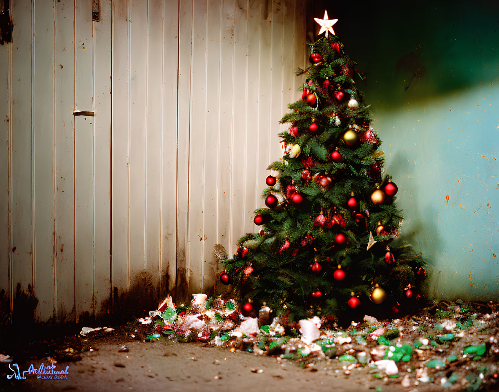 Decorated Christmas tree with red ornaments and star topper against grungy wall.