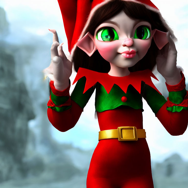 Festive female elf in red and green attire with icy mountain backdrop