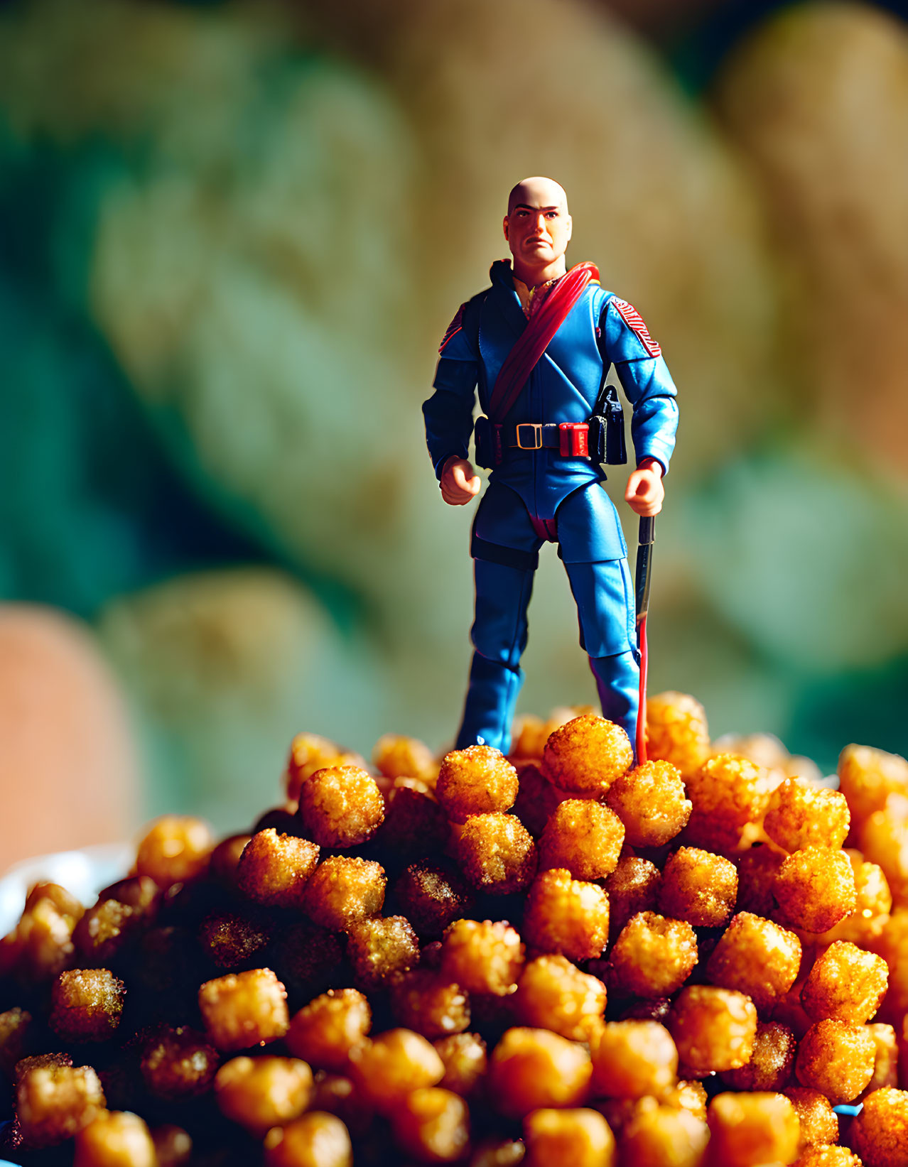 Bald Character Figurine in Blue Uniform with Cereal Balls