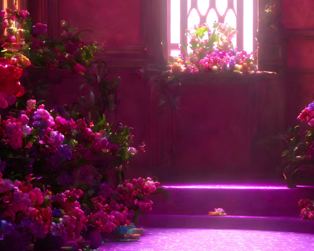 Vibrant pink and purple room with Gothic window and glittering petals