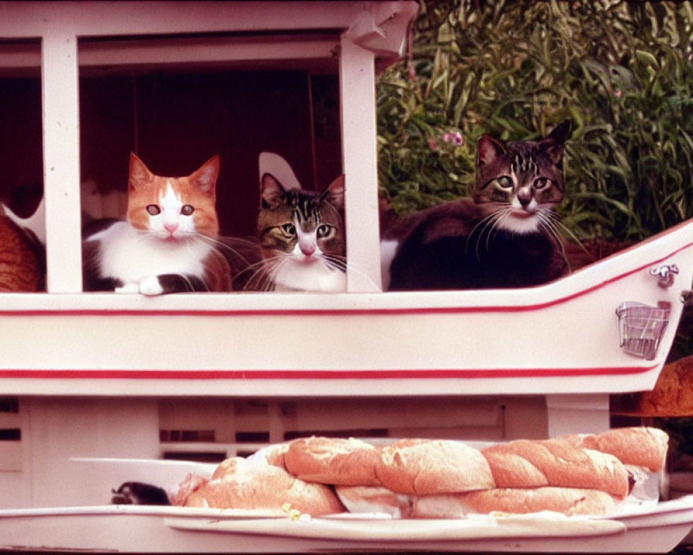 Three cats in boat-shaped dollhouse with loaves of bread on table