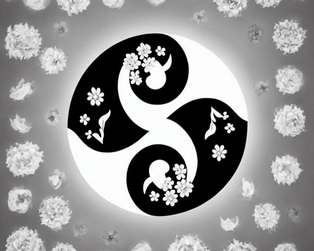 Monochrome Yin Yang Symbol with Floral Patterns and White Roses on Gray Background