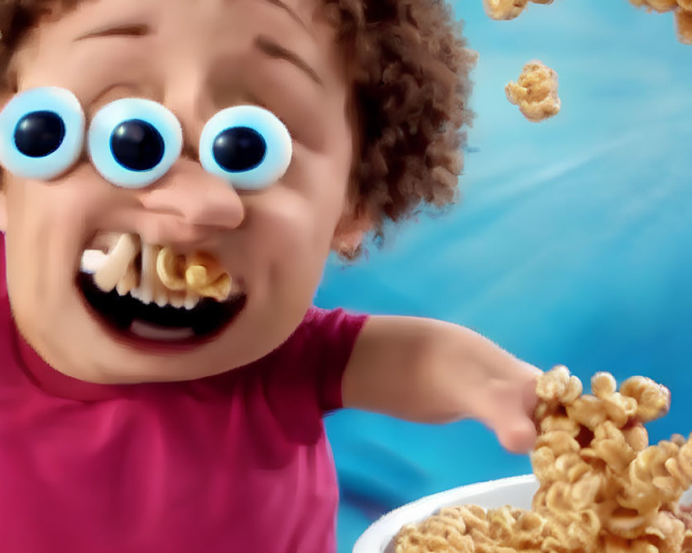 Exaggerated cartoon figure surprised by flying cereal pieces