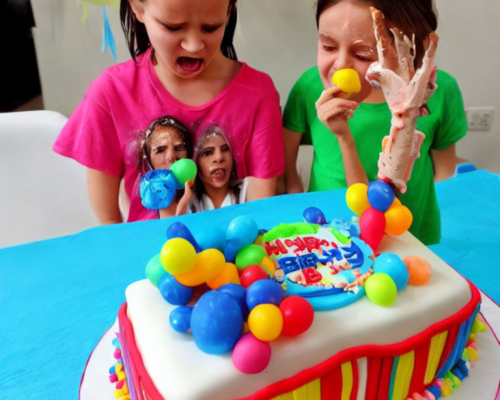 Children laughing with cake smash at colorful birthday party