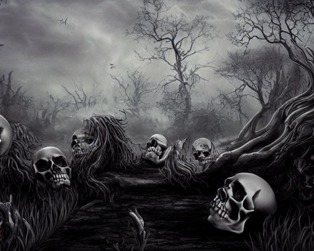 Dark forest scene with skulls, gnarled trees, and gloomy sky