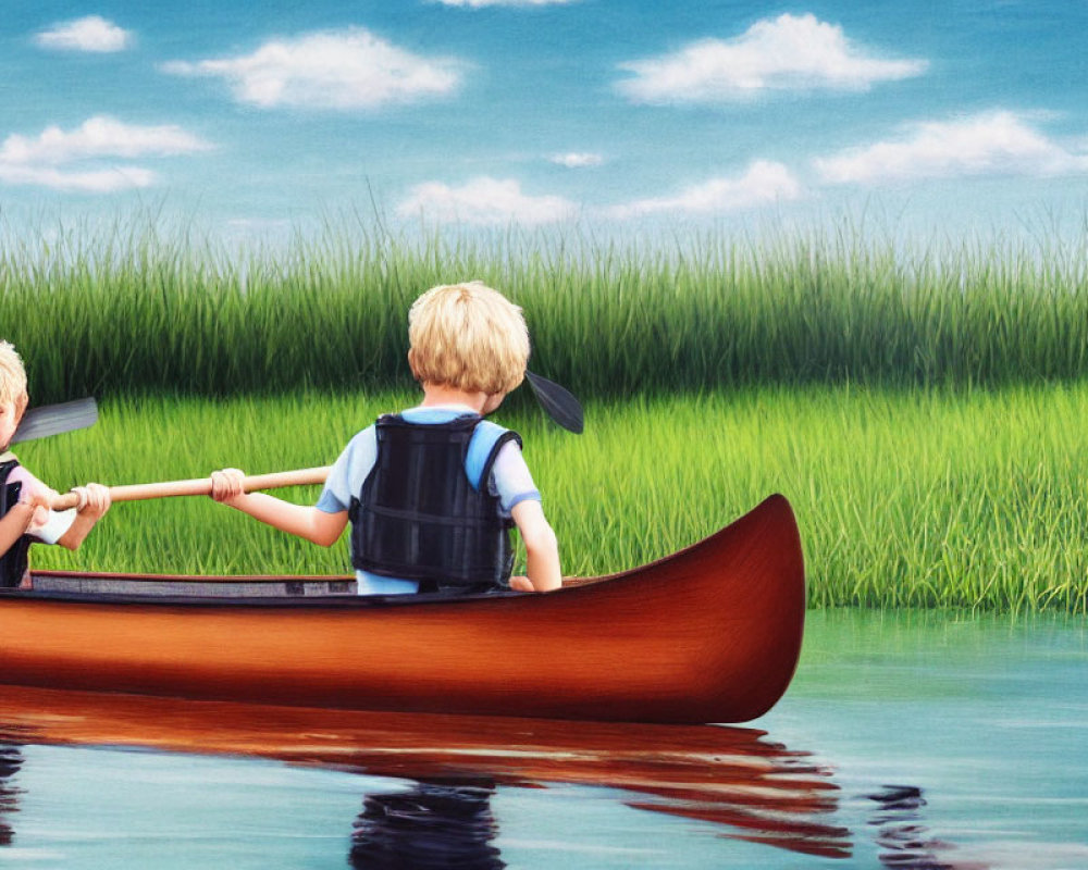 Children paddling a canoe in calm waters near tall green grasses