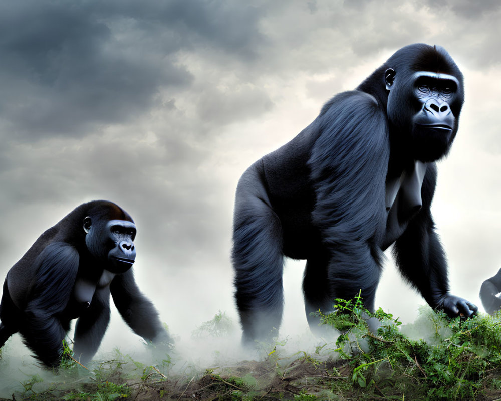 Gorillas in misty habitat under dramatic sky